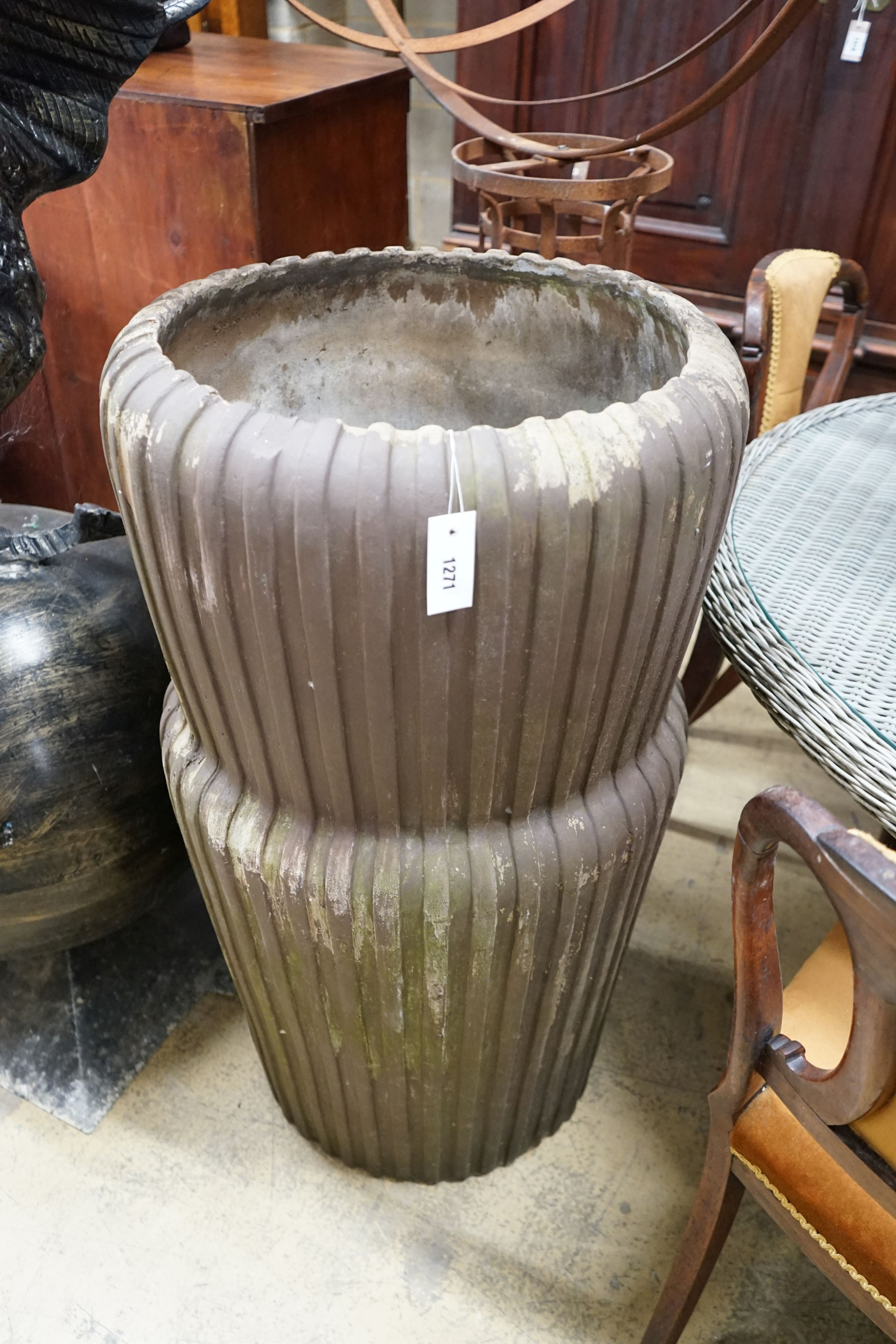 A large glazed earthenware circular garden planter, diamerer 56cm, height 100cm